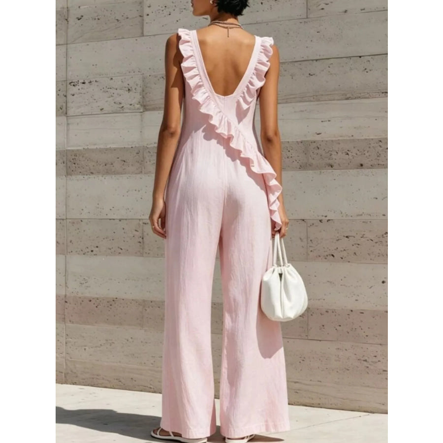 Ruffled V-Neck Sleeveless Jumpsuit Apparel and Accessories