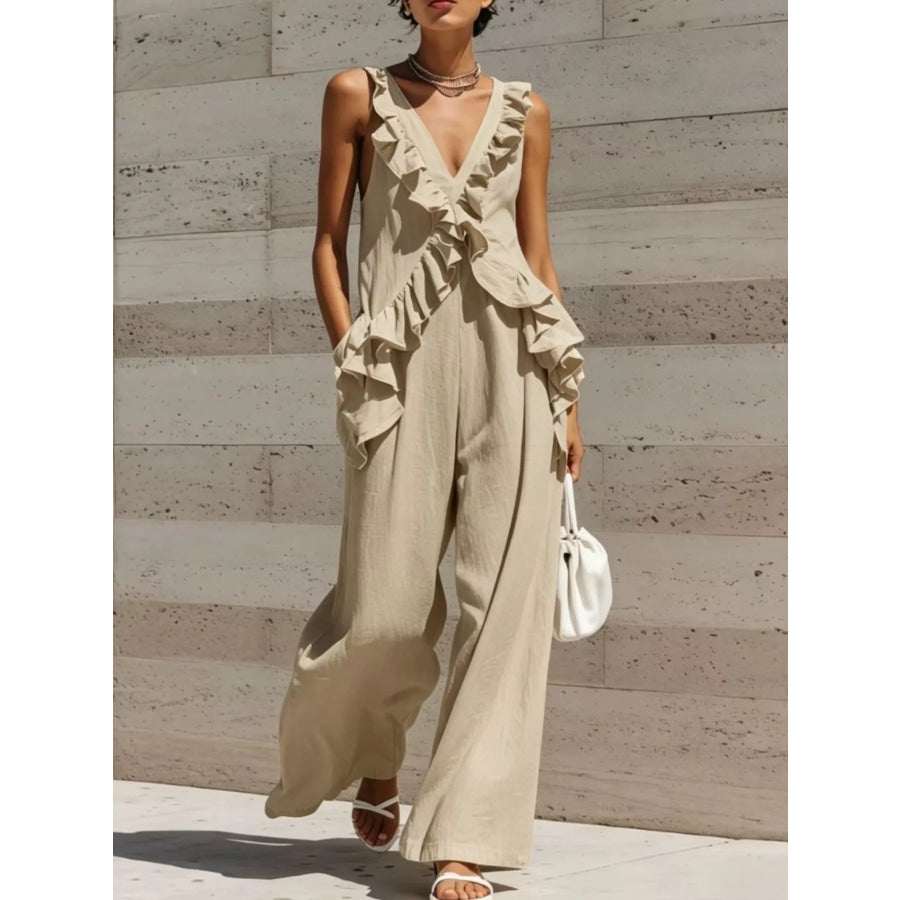 Ruffled V-Neck Sleeveless Jumpsuit Khaki / S Apparel and Accessories