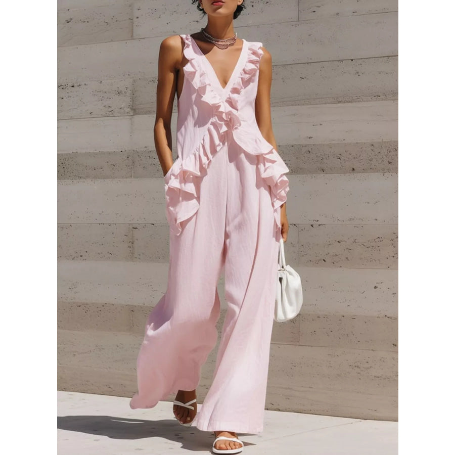 Ruffled V-Neck Sleeveless Jumpsuit Pink / S Apparel and Accessories