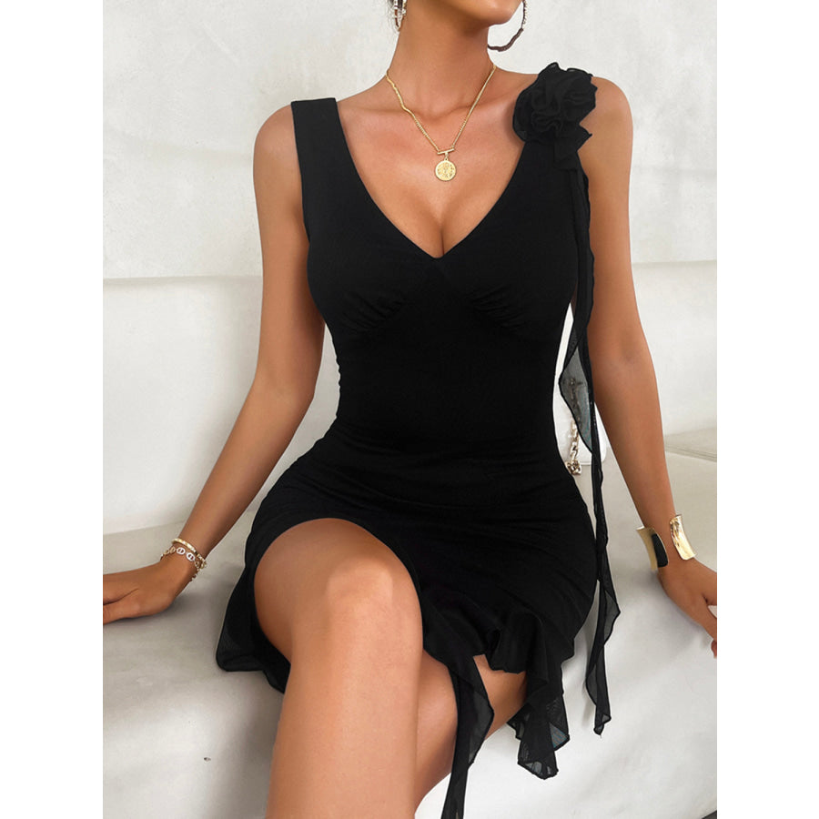 Ruffled V-Neck Sleeveless Mini Dress Apparel and Accessories