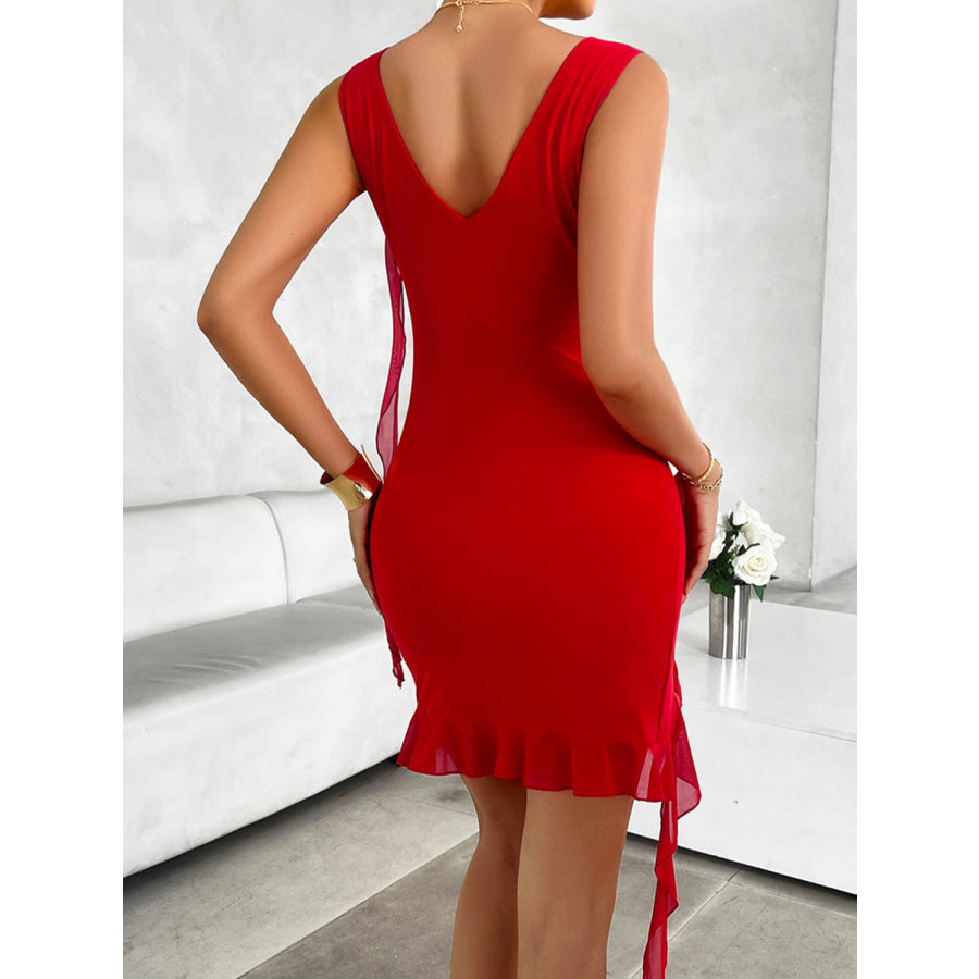 Ruffled V-Neck Sleeveless Mini Dress Deep Red / S Apparel and Accessories