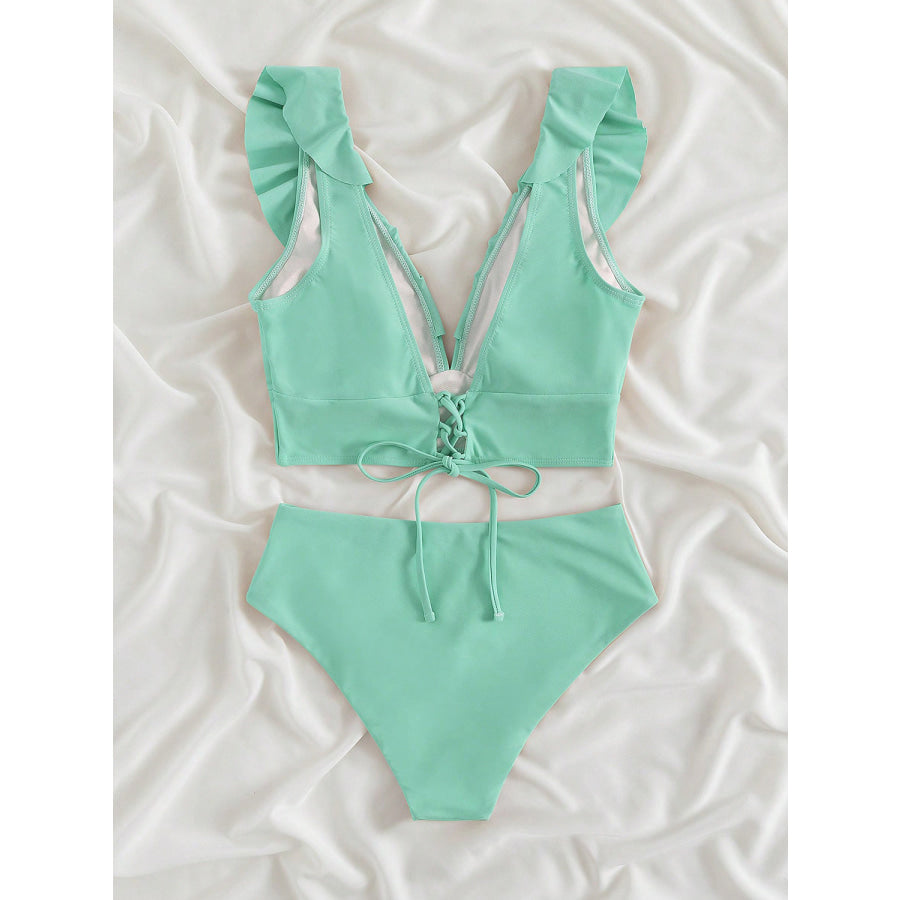 Ruffled V-Neck Sleeveless Two-Piece Swim Set Apparel and Accessories