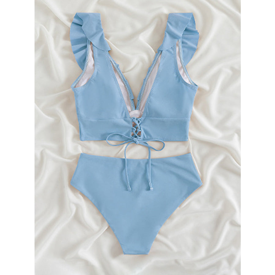 Ruffled V-Neck Sleeveless Two-Piece Swim Set Misty Blue / S Apparel and Accessories