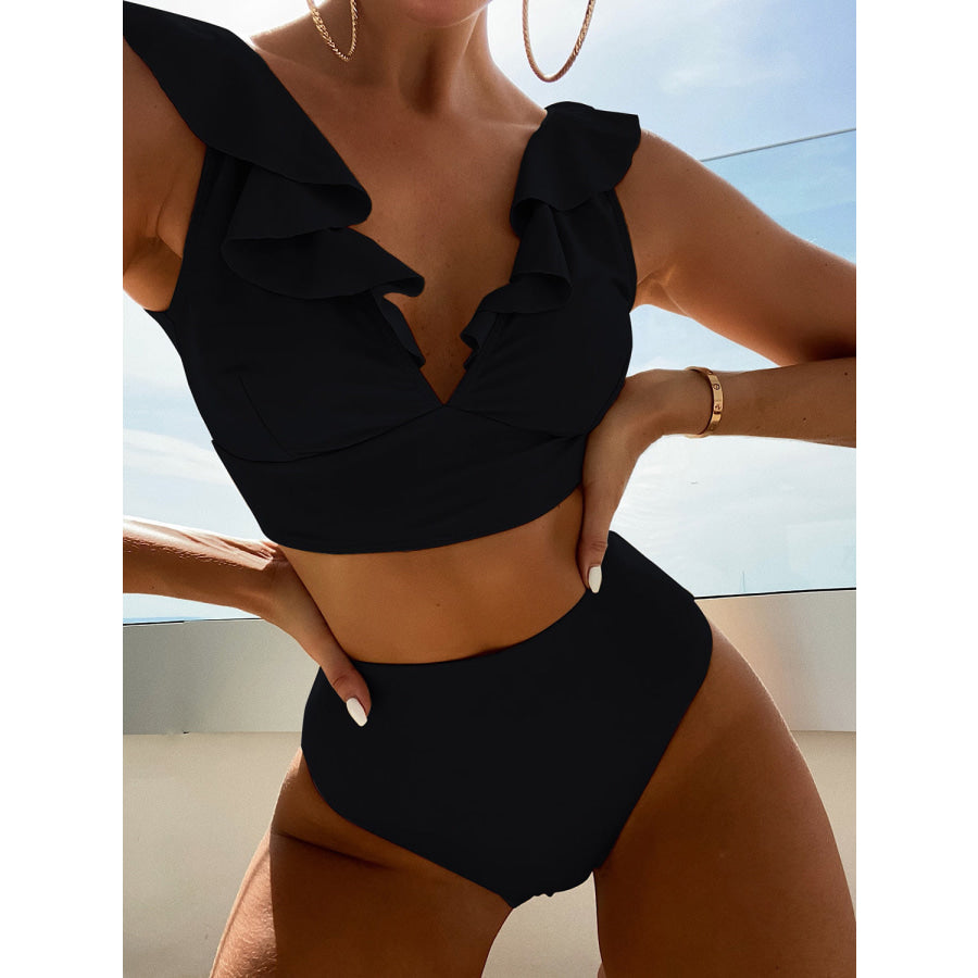 Ruffled V-Neck Sleeveless Two-Piece Swim Set Black / S Apparel and Accessories