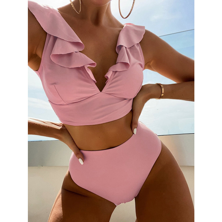 Ruffled V-Neck Sleeveless Two-Piece Swim Set Carnation Pink / S Apparel and Accessories