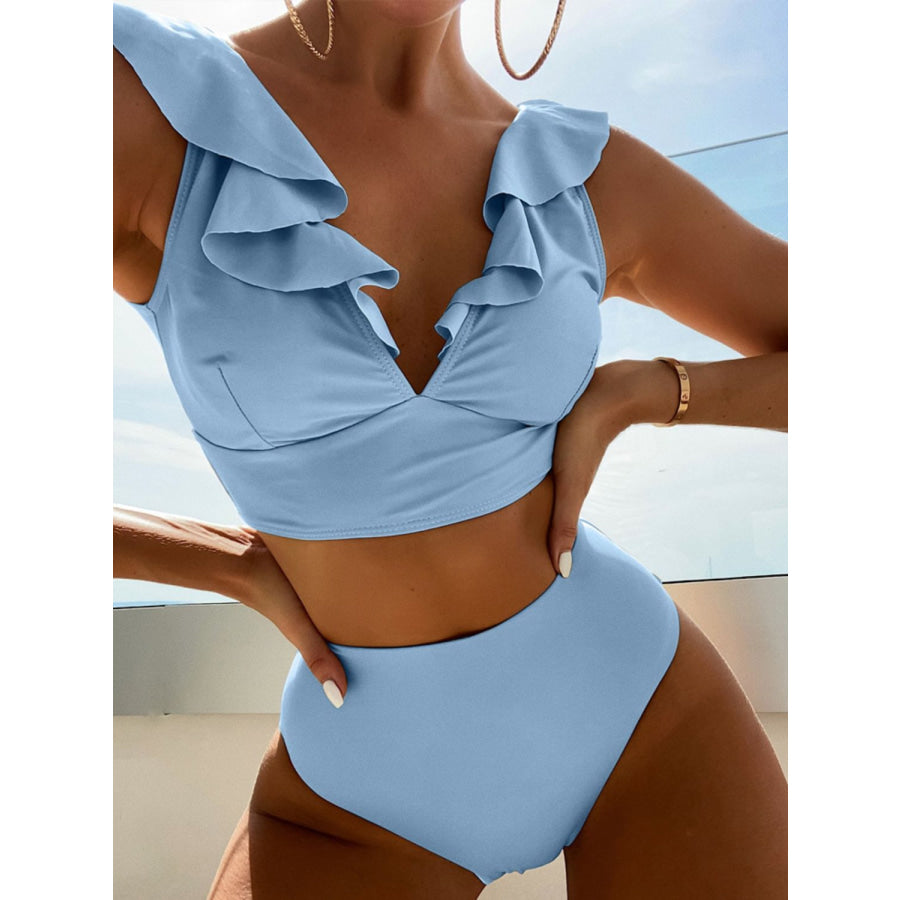Ruffled V-Neck Sleeveless Two-Piece Swim Set Misty Blue / S Apparel and Accessories