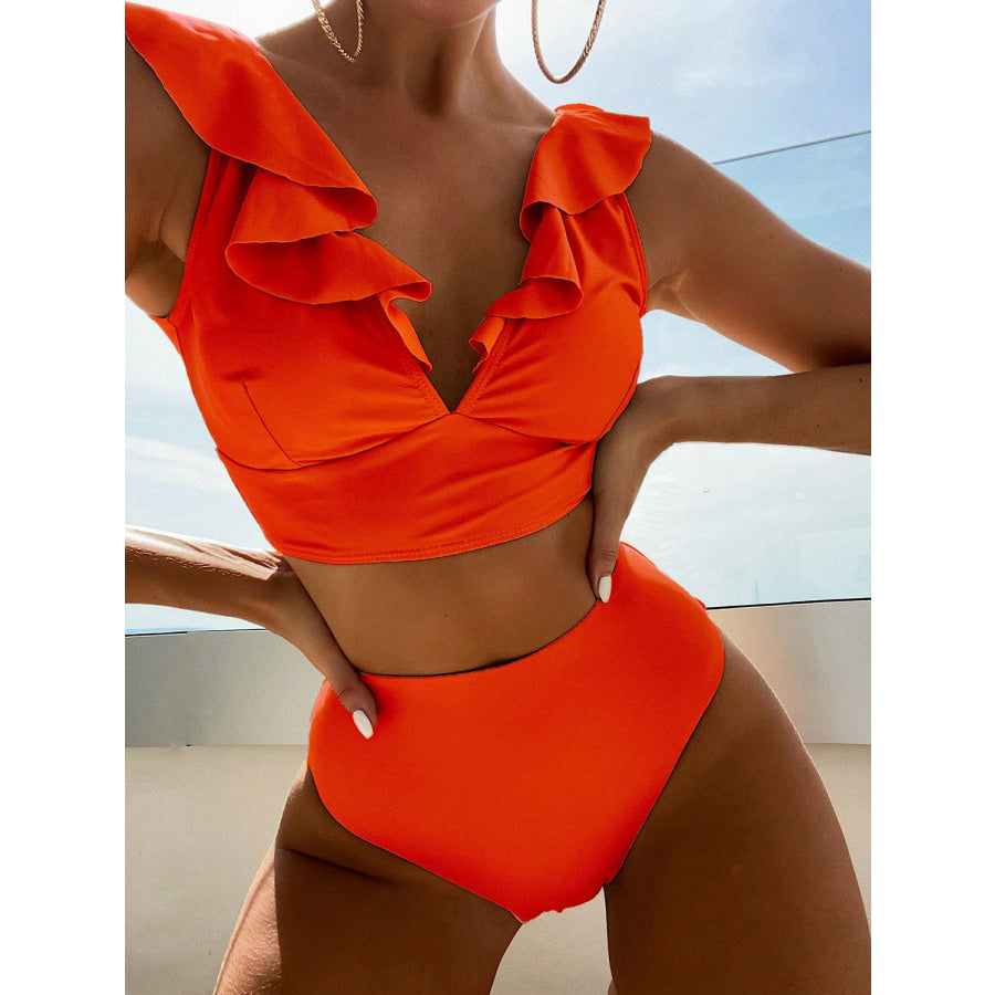 Ruffled V-Neck Sleeveless Two-Piece Swim Set Red Orange / S Apparel and Accessories