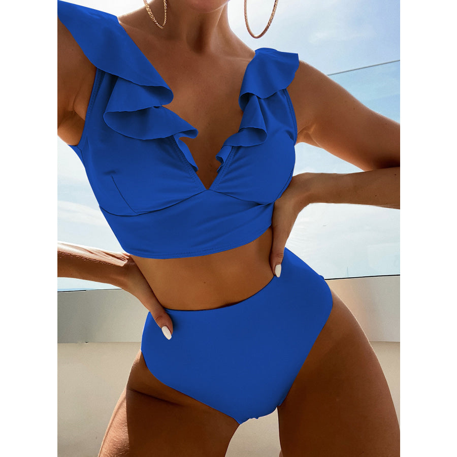 Ruffled V-Neck Sleeveless Two-Piece Swim Set Royal Blue / S Apparel and Accessories
