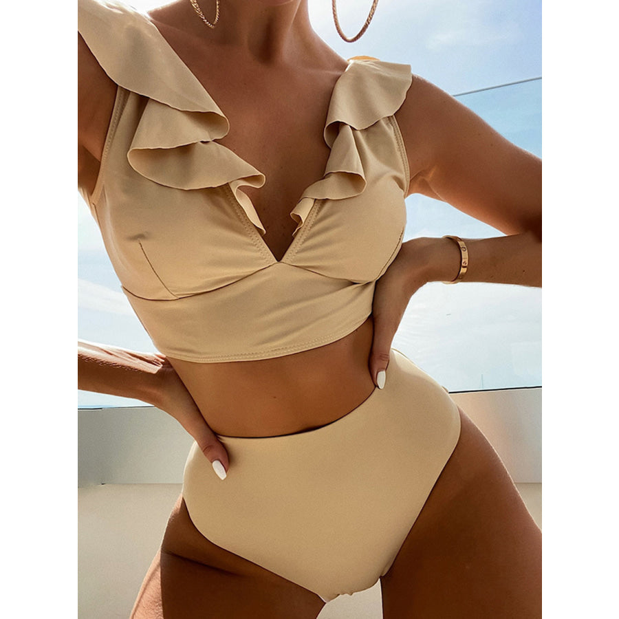 Ruffled V-Neck Sleeveless Two-Piece Swim Set Tan / S Apparel and Accessories