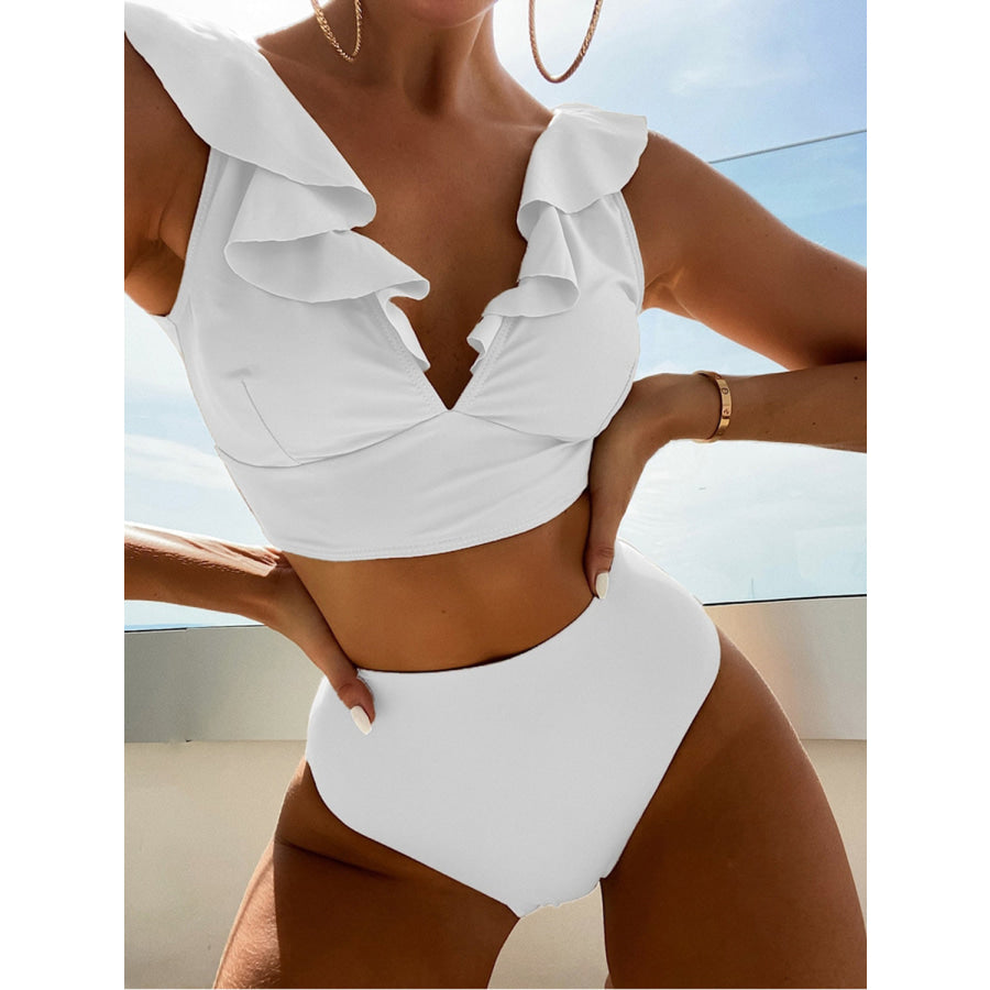 Ruffled V-Neck Sleeveless Two-Piece Swim Set White / S Apparel and Accessories