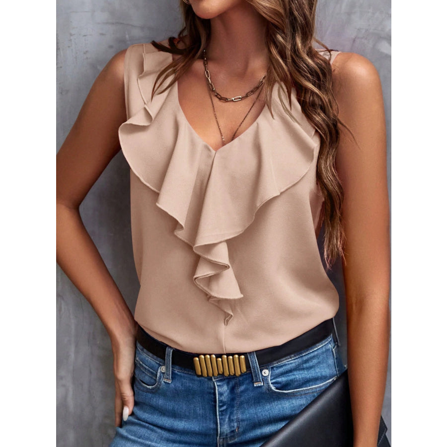 Ruffled V-Neck Tank Light Apricot / S Apparel and Accessories