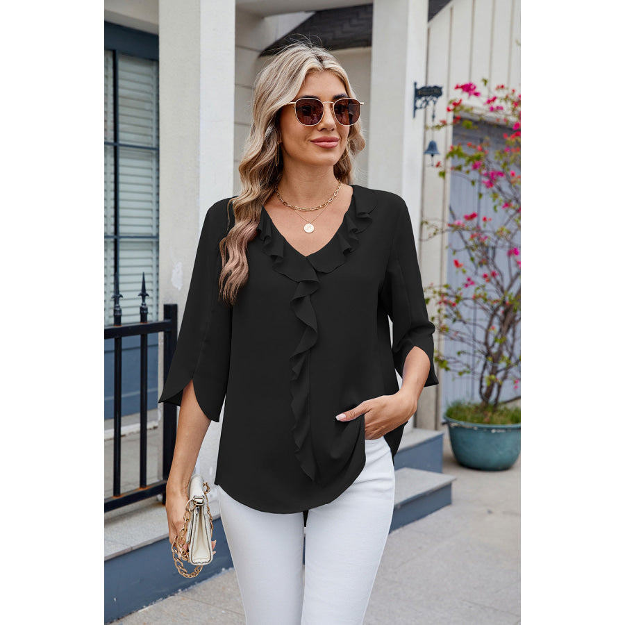 Ruffled V-Neck Three-Quarter Sleeve Blouse Apparel and Accessories