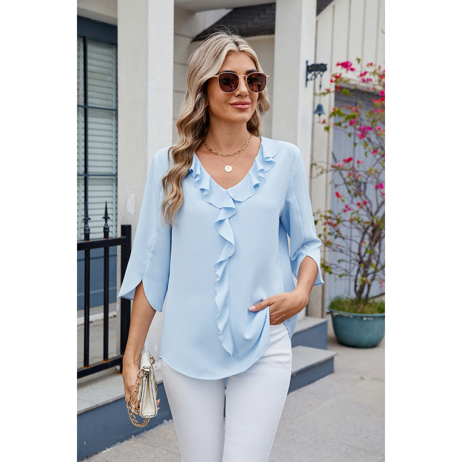 Ruffled V-Neck Three-Quarter Sleeve Blouse Light Blue / S Apparel and Accessories