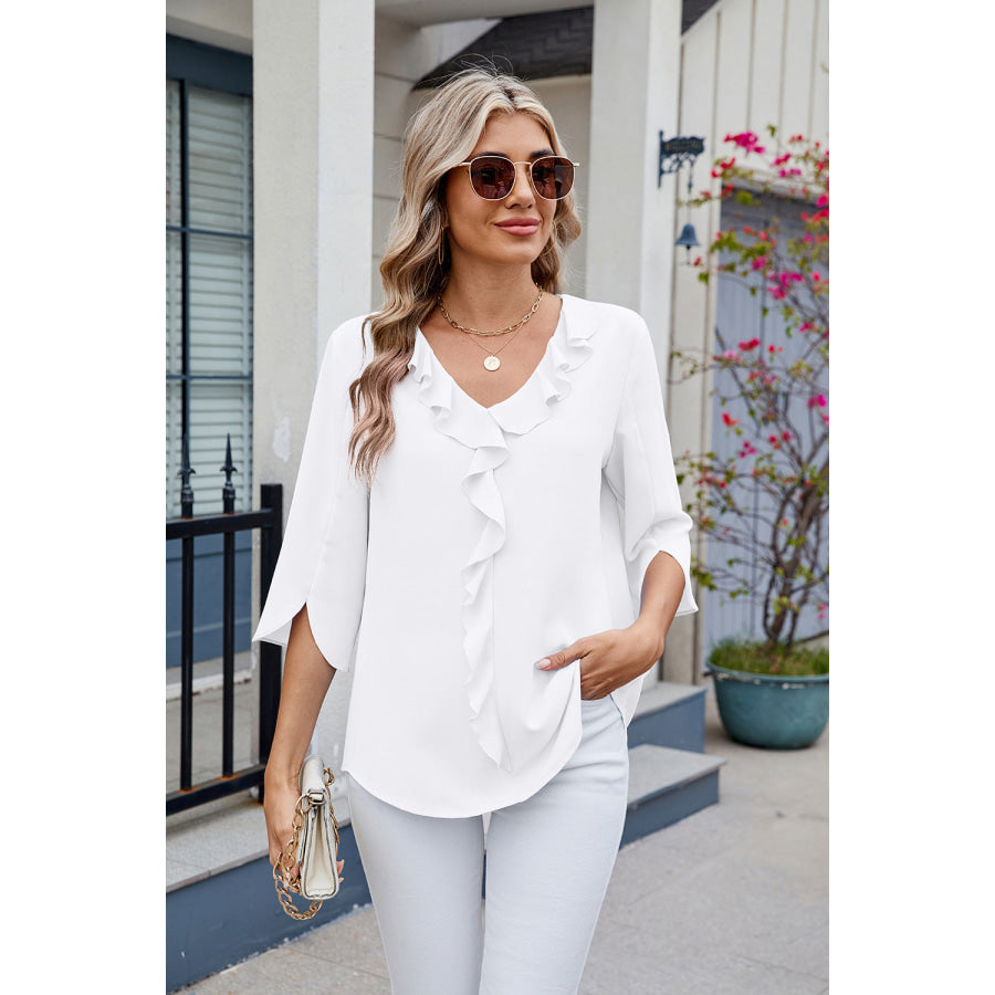 Ruffled V-Neck Three-Quarter Sleeve Blouse Apparel and Accessories