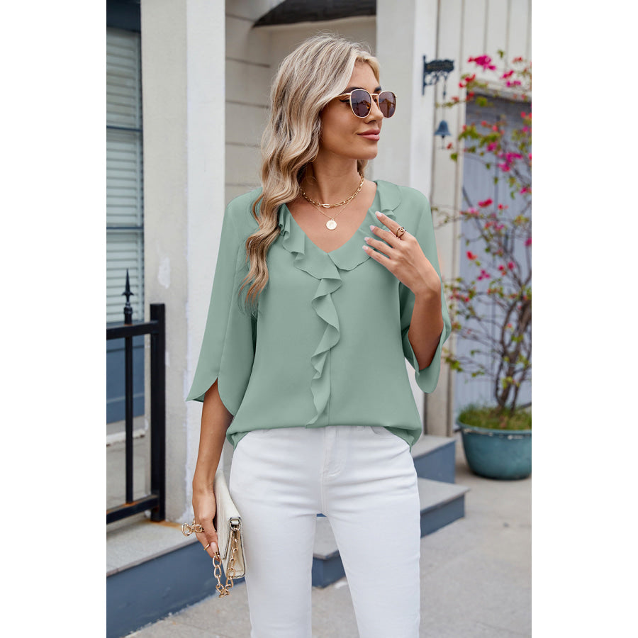 Ruffled V-Neck Three-Quarter Sleeve Blouse Apparel and Accessories