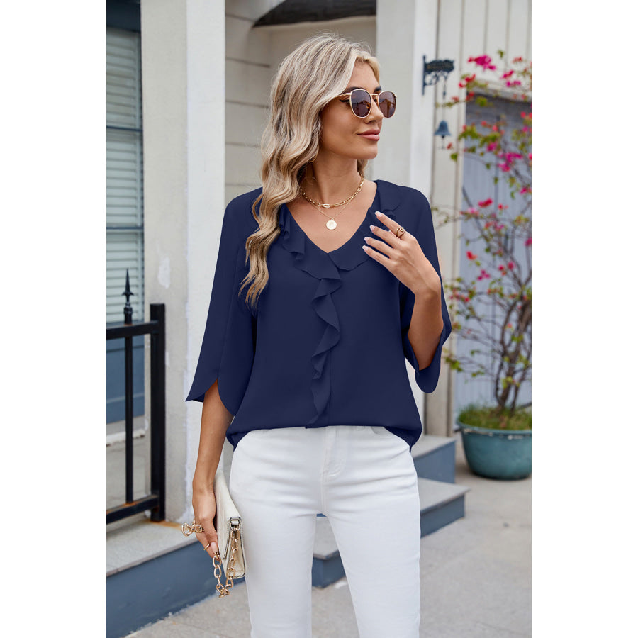 Ruffled V-Neck Three-Quarter Sleeve Blouse Apparel and Accessories