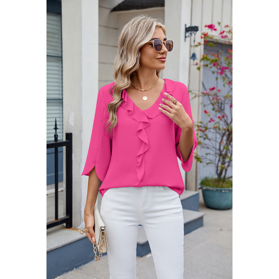 Ruffled V-Neck Three-Quarter Sleeve Blouse Apparel and Accessories
