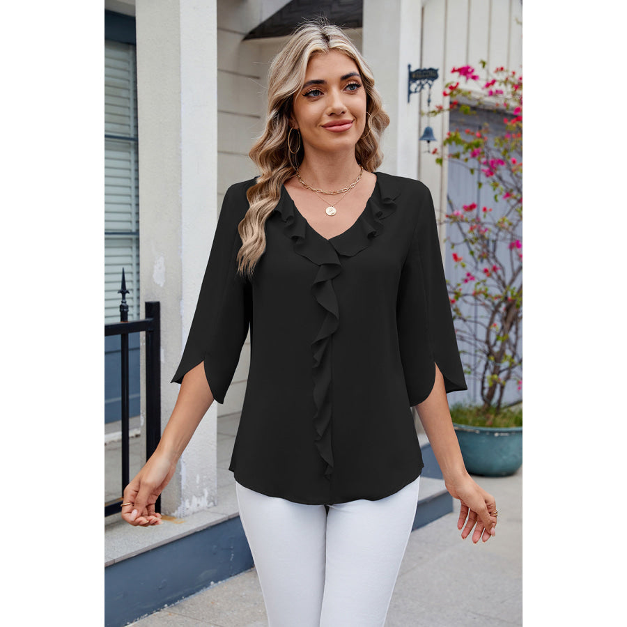 Ruffled V-Neck Three-Quarter Sleeve Blouse Apparel and Accessories