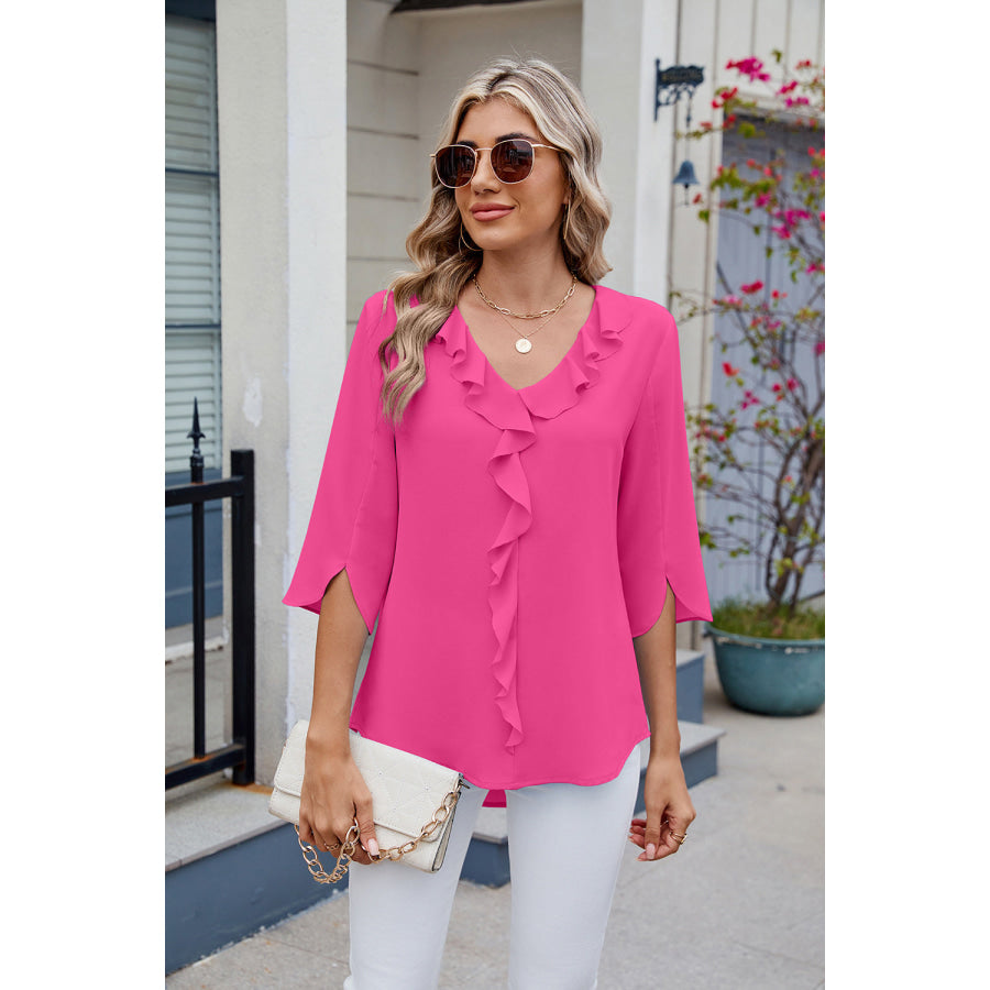 Ruffled V-Neck Three-Quarter Sleeve Blouse Apparel and Accessories