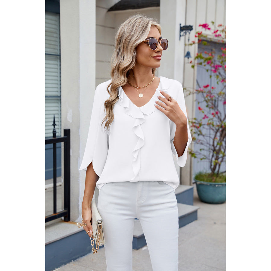 Ruffled V-Neck Three-Quarter Sleeve Blouse Apparel and Accessories