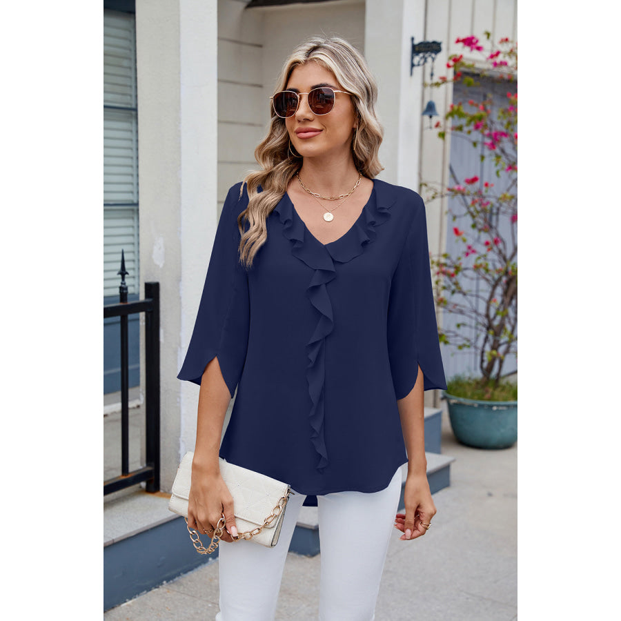 Ruffled V-Neck Three-Quarter Sleeve Blouse Apparel and Accessories