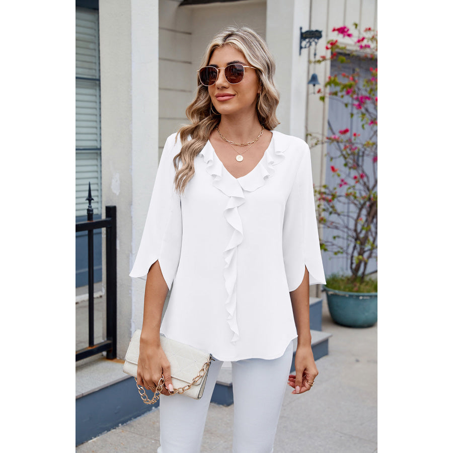 Ruffled V-Neck Three-Quarter Sleeve Blouse Apparel and Accessories