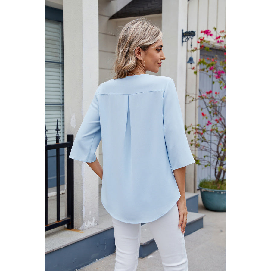 Ruffled V-Neck Three-Quarter Sleeve Blouse Apparel and Accessories