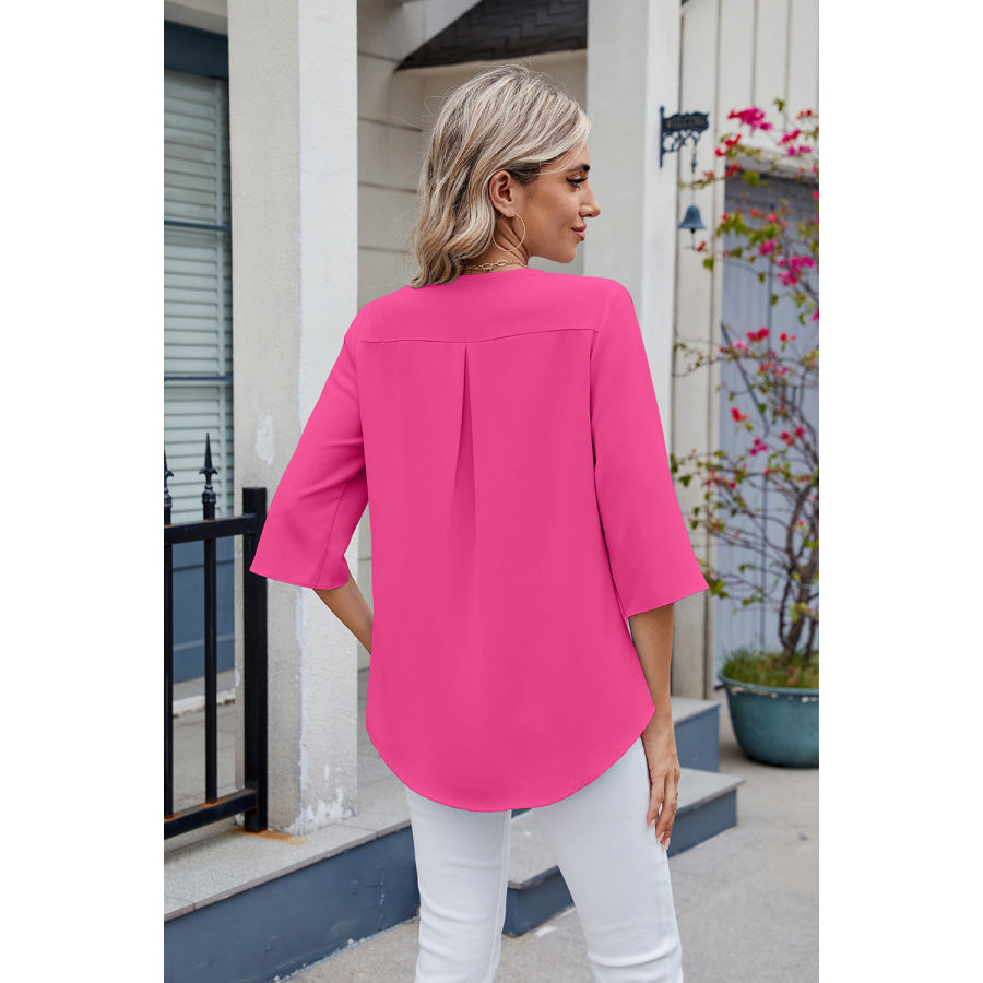 Ruffled V-Neck Three-Quarter Sleeve Blouse Apparel and Accessories
