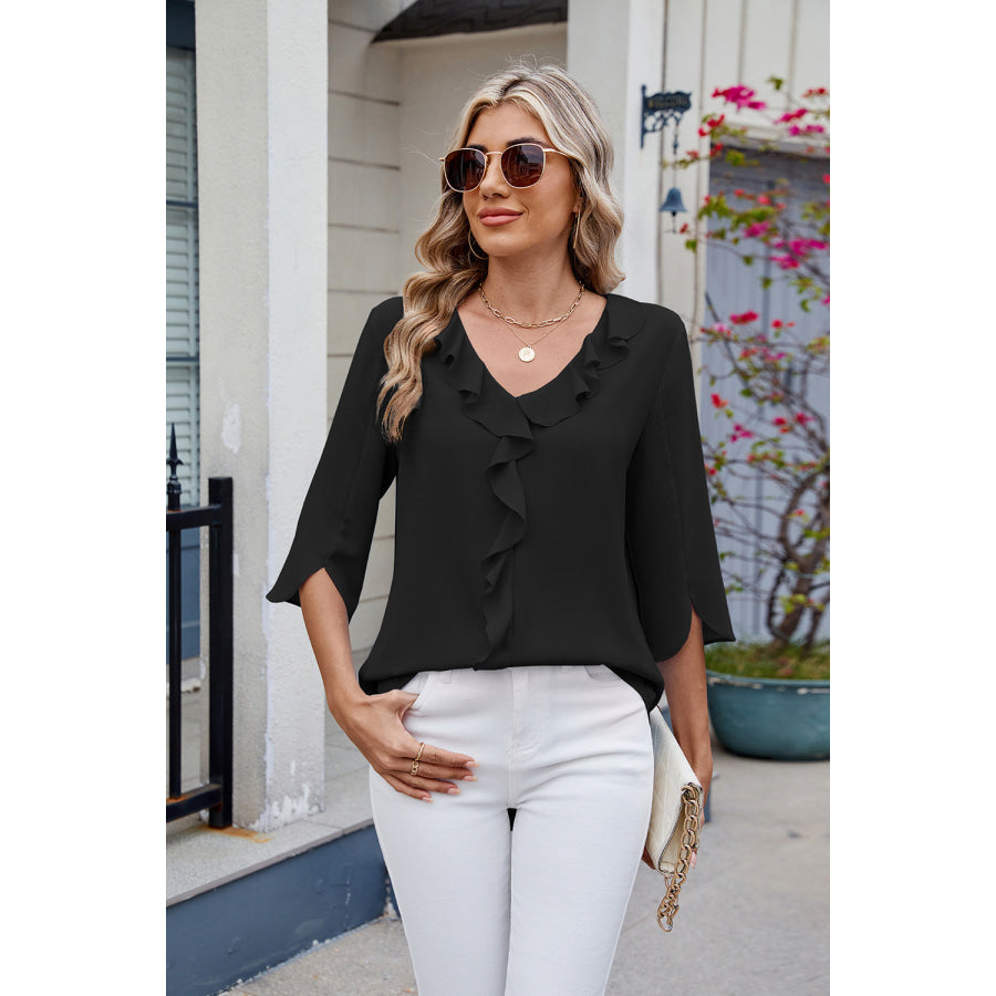Ruffled V-Neck Three-Quarter Sleeve Blouse Black / S Apparel and Accessories