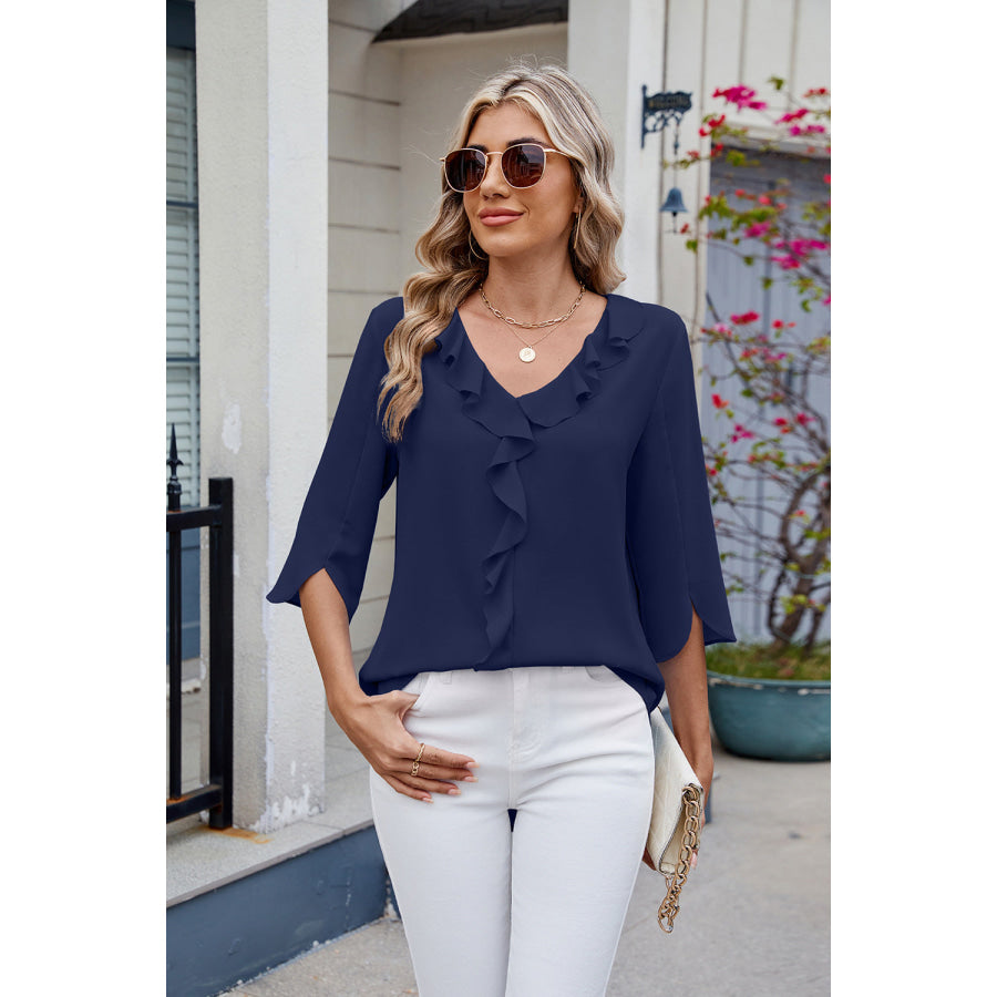 Ruffled V-Neck Three-Quarter Sleeve Blouse Dark Blue / S Apparel and Accessories