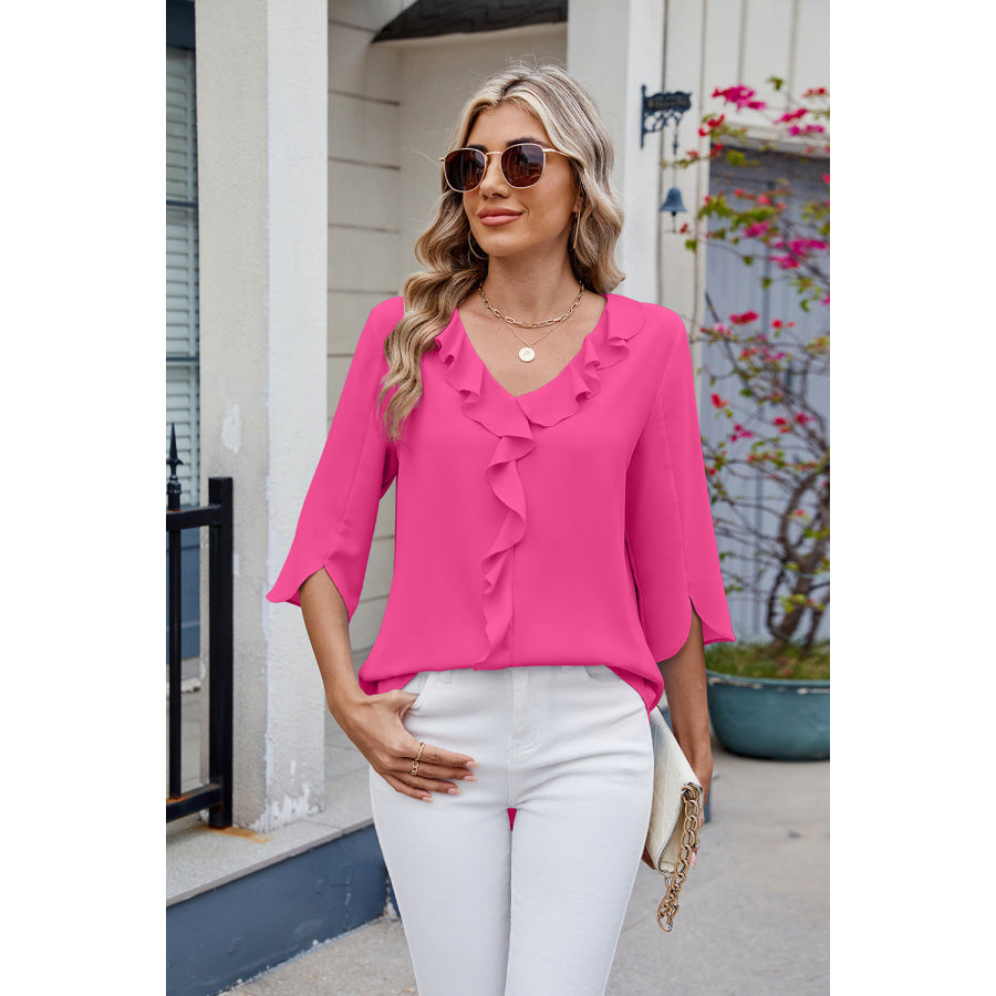 Ruffled V-Neck Three-Quarter Sleeve Blouse Hot Pink / S Apparel and Accessories