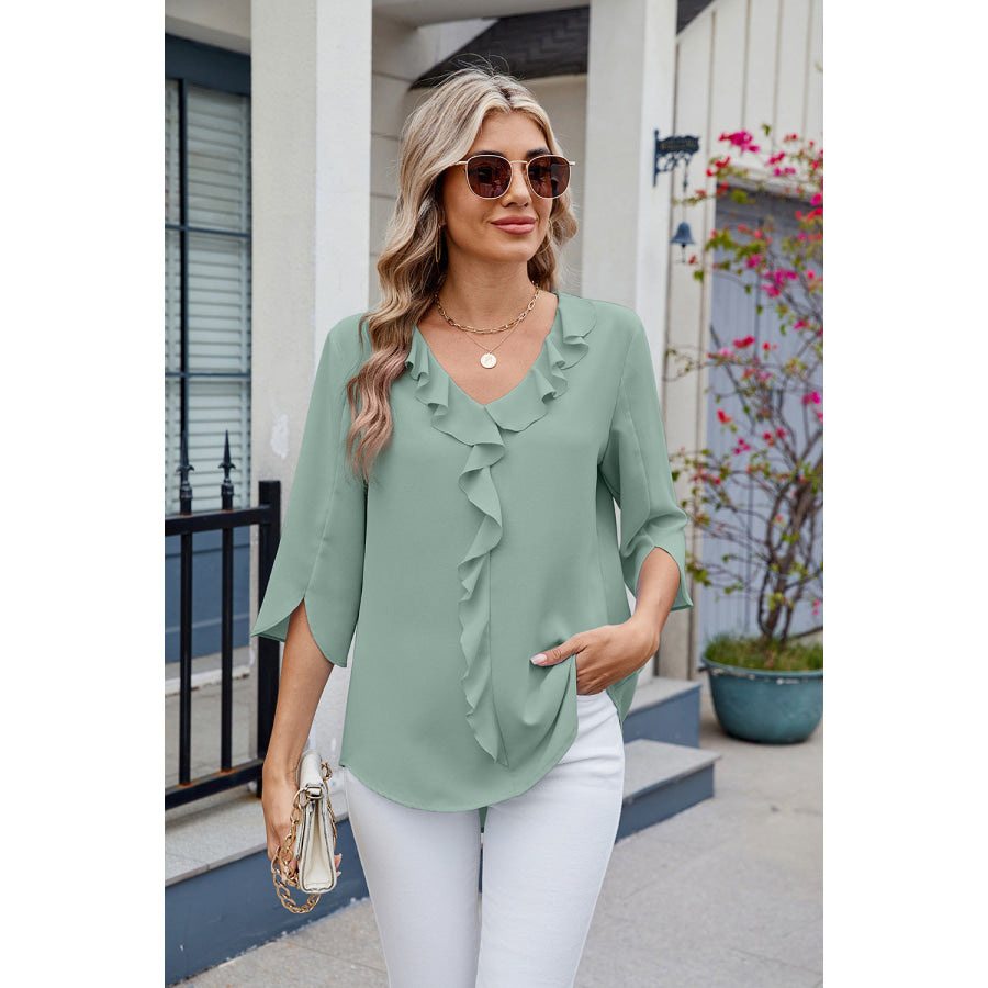 Ruffled V-Neck Three-Quarter Sleeve Blouse Sage / S Apparel and Accessories