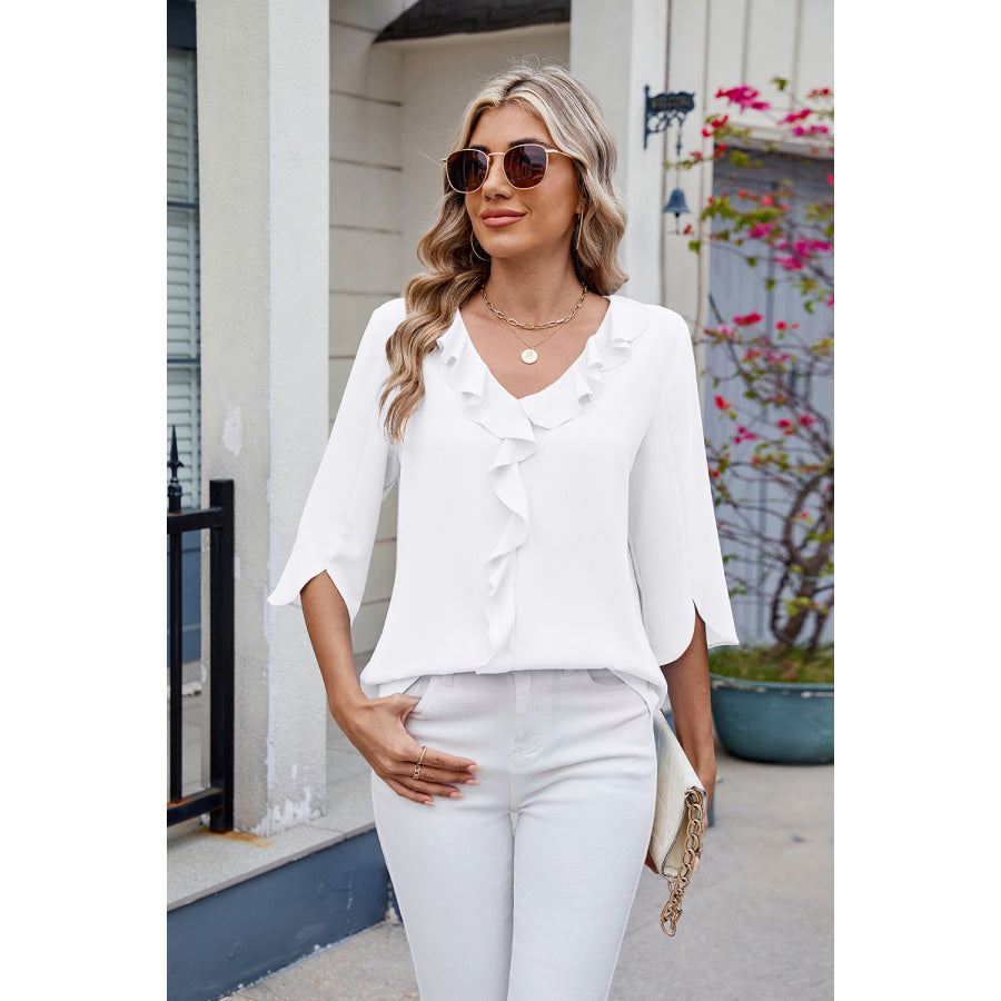Ruffled V-Neck Three-Quarter Sleeve Blouse White / S Apparel and Accessories