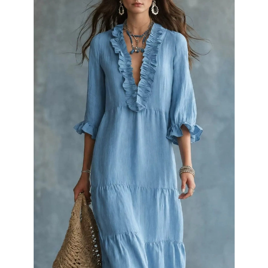 Ruffled V-Neck Tiered Maxi Dress Sky Blue / S Apparel and Accessories