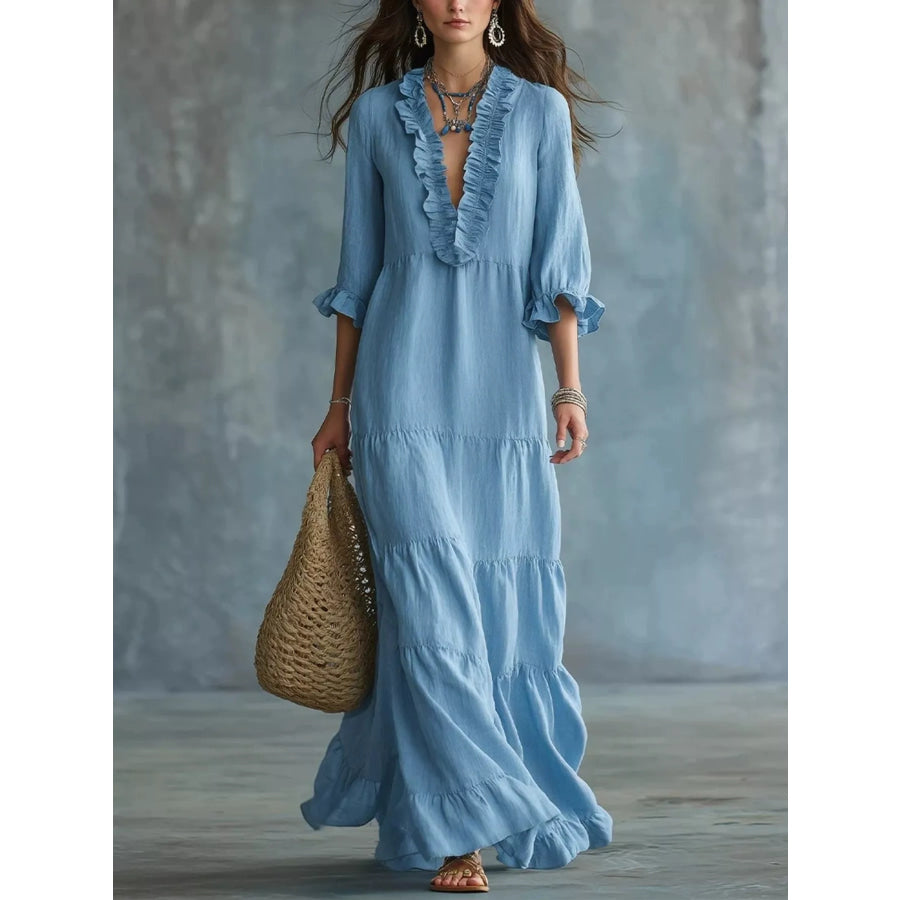 Ruffled V-Neck Tiered Maxi Dress Sky Blue / S Apparel and Accessories