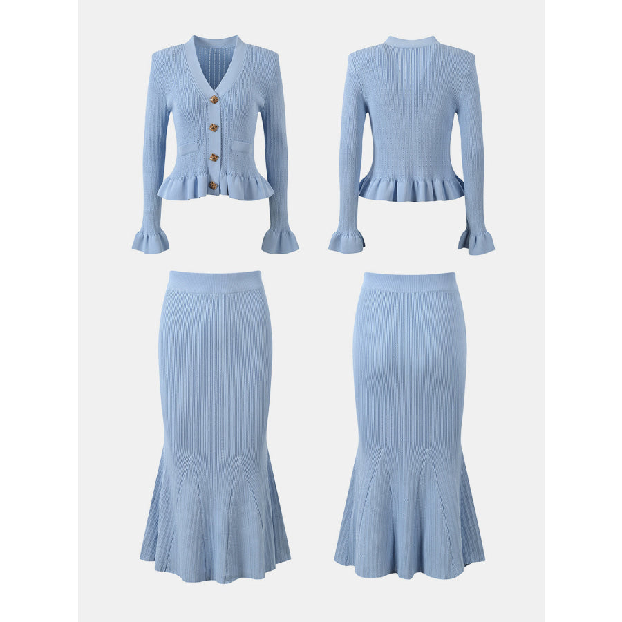 Ruffled V-Neck Top and Midi Skirt Sweater Set Apparel and Accessories