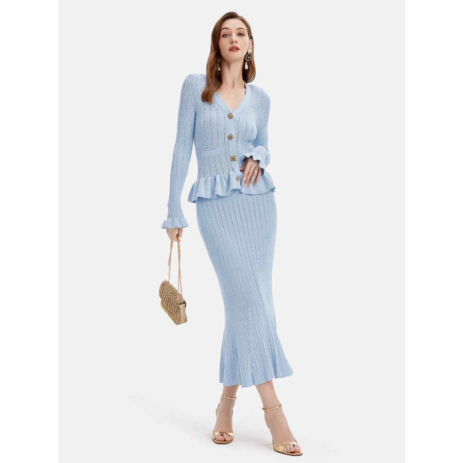 Ruffled V-Neck Top and Midi Skirt Sweater Set Light Blue / One Size Apparel and Accessories