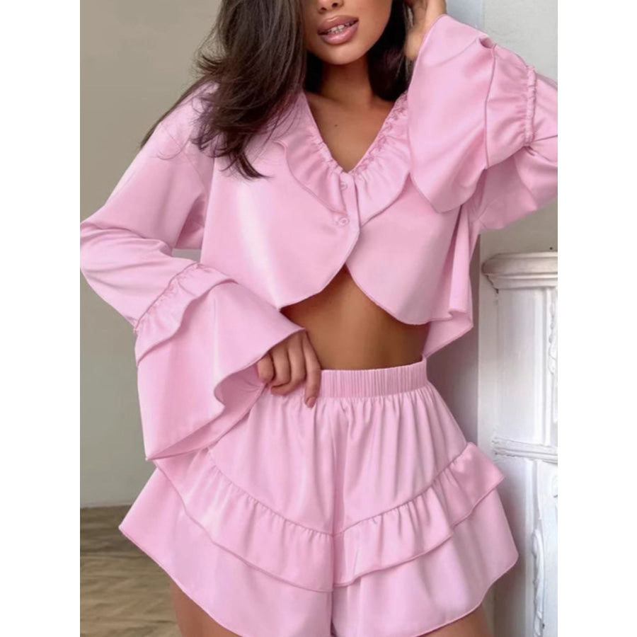 Ruffled V-Neck Top and Shorts Set Apparel and Accessories
