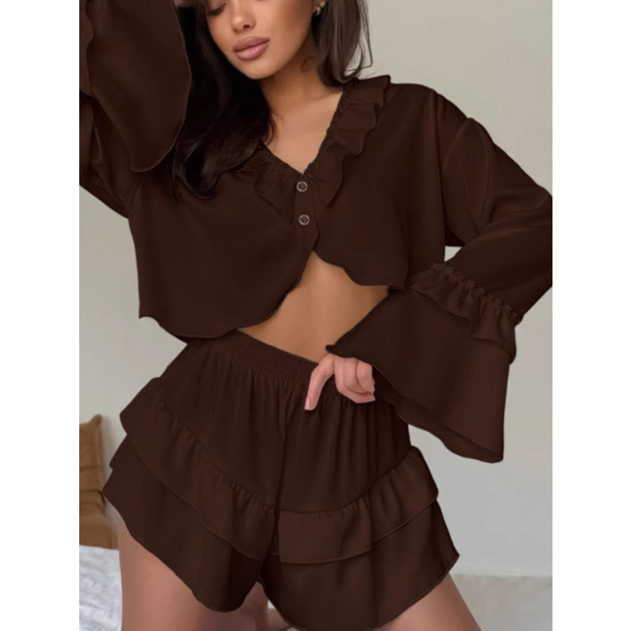 Ruffled V-Neck Top and Shorts Set Apparel and Accessories
