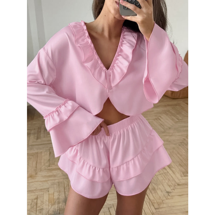 Ruffled V-Neck Top and Shorts Set Apparel and Accessories