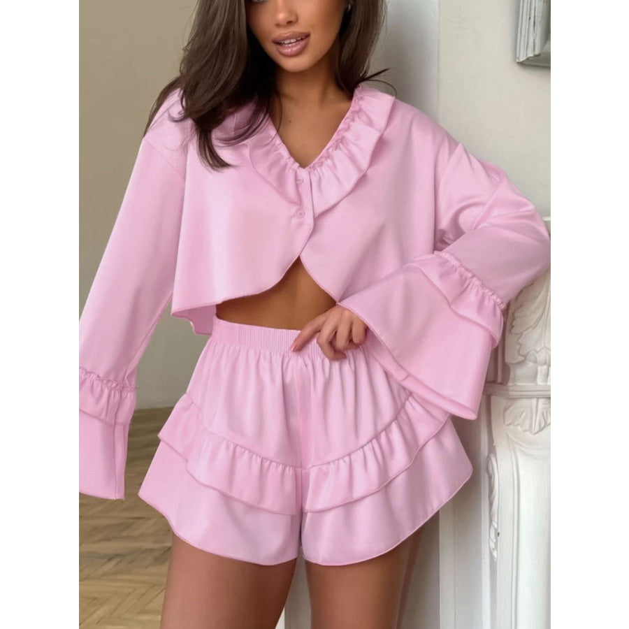 Ruffled V-Neck Top and Shorts Set Pink / S Apparel and Accessories