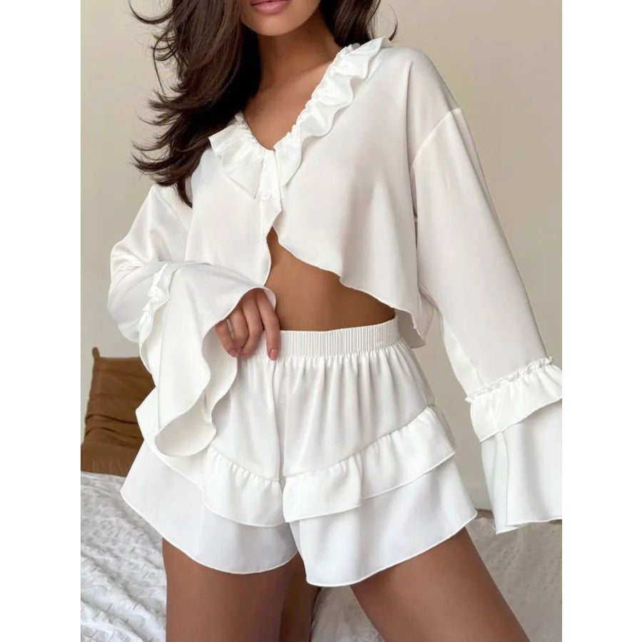 Ruffled V-Neck Top and Shorts Set White / S Apparel and Accessories