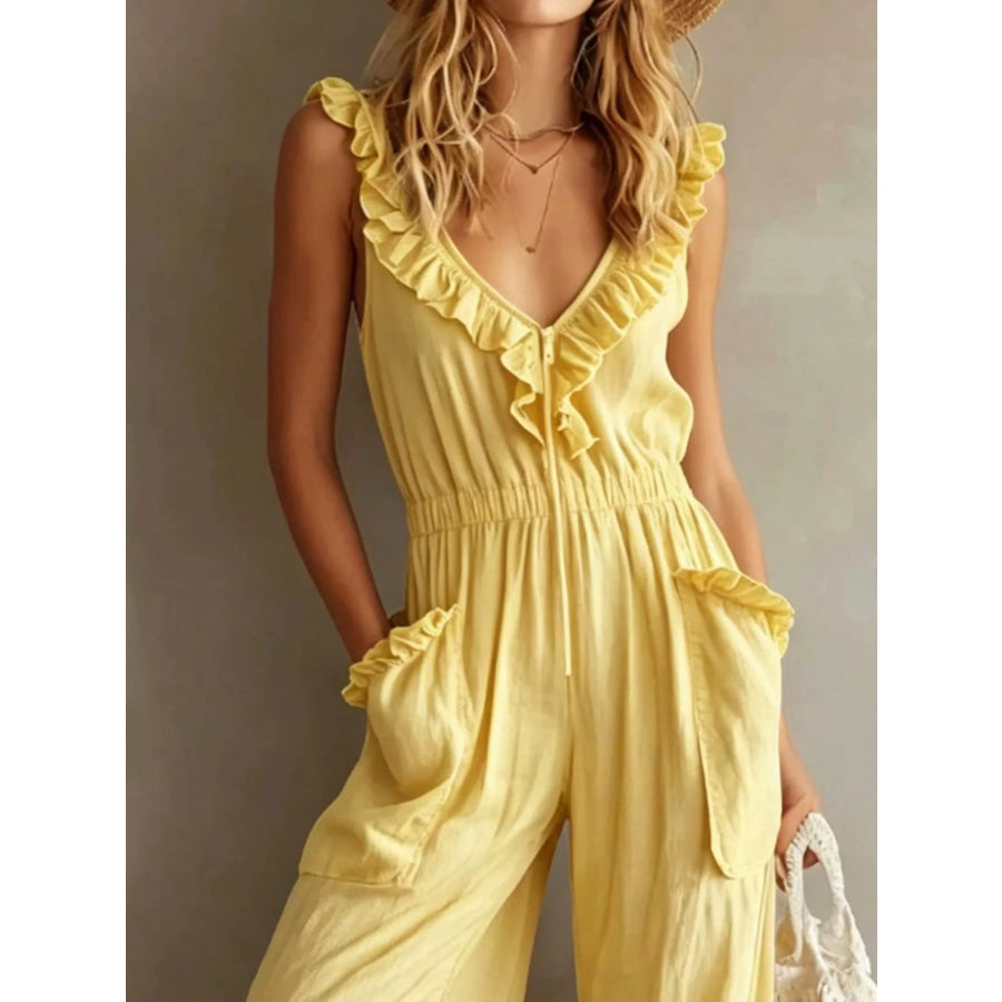 Ruffled V-Neck Wide Leg Jumpsuit Apparel and Accessories