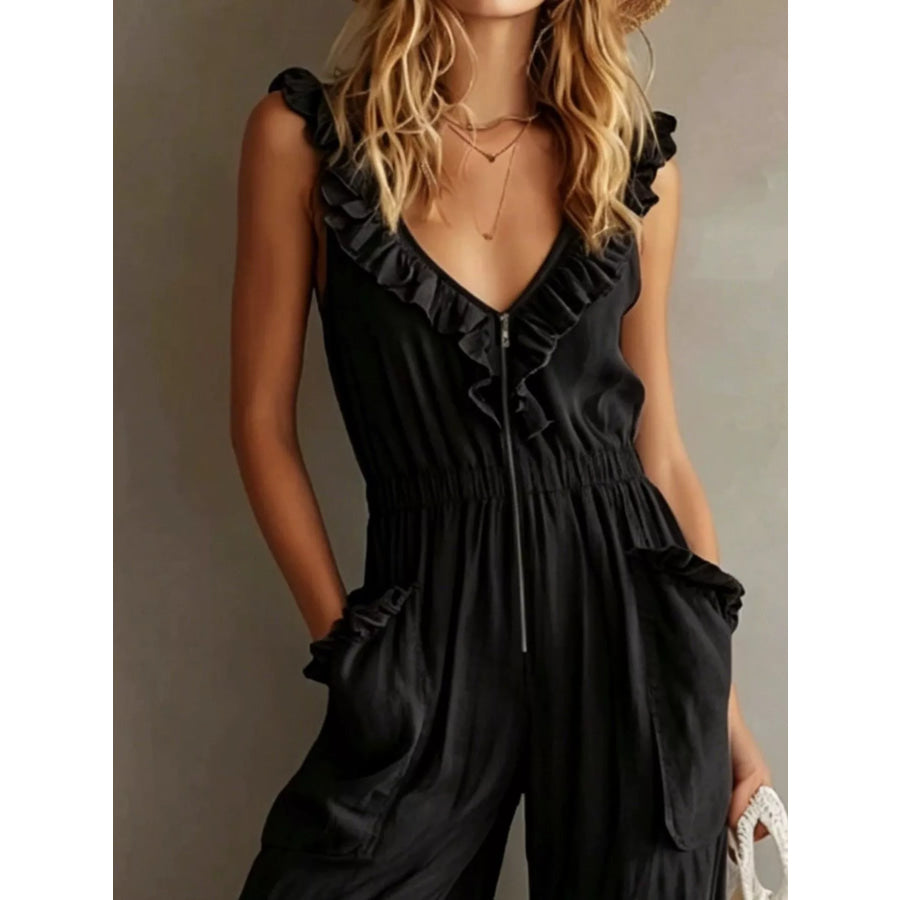 Ruffled V-Neck Wide Leg Jumpsuit Apparel and Accessories
