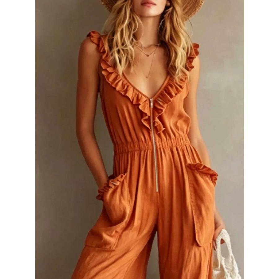 Ruffled V-Neck Wide Leg Jumpsuit Apparel and Accessories