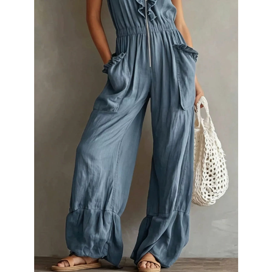 Ruffled V-Neck Wide Leg Jumpsuit Apparel and Accessories