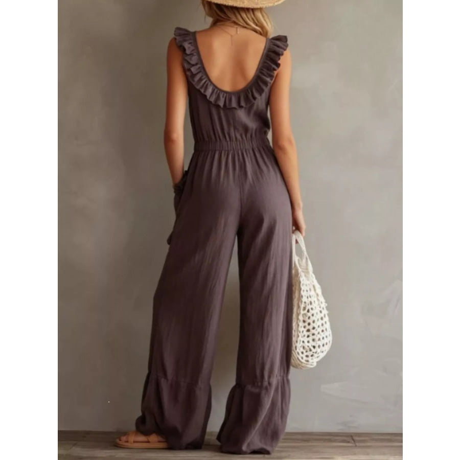 Ruffled V-Neck Wide Leg Jumpsuit Apparel and Accessories