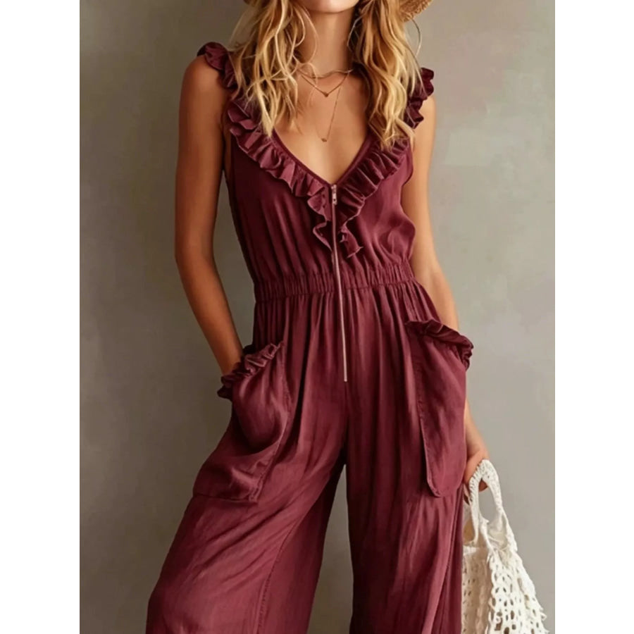 Ruffled V-Neck Wide Leg Jumpsuit Apparel and Accessories