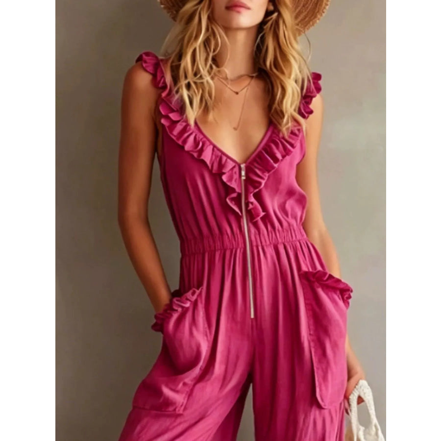Ruffled V-Neck Wide Leg Jumpsuit Apparel and Accessories