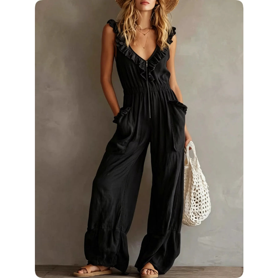 Ruffled V-Neck Wide Leg Jumpsuit Black / S Apparel and Accessories